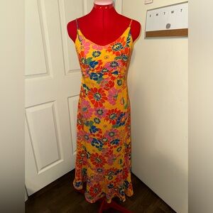 Sugarlips Yellow Floral Spring Midi Dress Ruffle Hem and Smocked